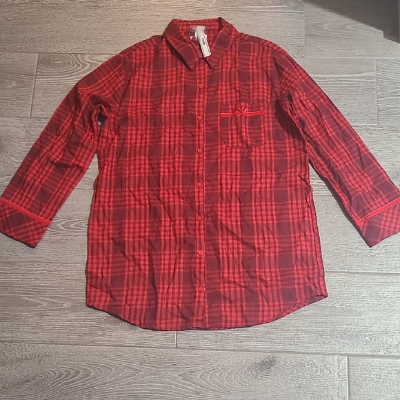Victoria's Secret PINK Flannel Red Plaid Velvet-Trim Sleepshirt - Picture 2 of 6